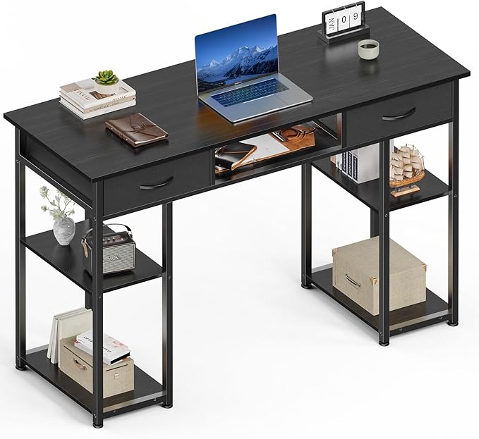 Sweetcrispy Computer Gaming Desk with Drawers- 48 Inch Home Office Bedroom Writing Study PC Table with Storage Shelves, Metal Frame Adjustable Feet, Pure Black