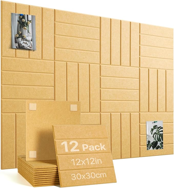 Large Cork Board, 12 Pack 12"X12"X0.4" Felt Bulletin Board Tiles for Wall Home Office Decor, Pin Cork Boards with 60 Adhesive Tabs Longan Yellow
