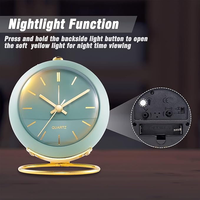 AYRELY® Battery Operated Desk Alarm Clocks with Light,Retro Silent No Ticking Analog Small Clock,Loud Table Clock for Bedside/Bedroom/Kitchen/Office/Travel/Kids/Room Decor Aesthetic Vintage(Green)