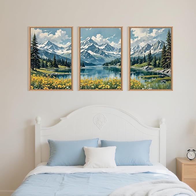 BICERE Large Snow Mountain Wildflower Framed Canvas Wall Art,Pine Tree Woodland Wall Decor,Forest Floral Lake Wall Painting,Watercolor Scenery Artwork for Living Room,Bedroom,Dining Room,Office -24"x36"x3