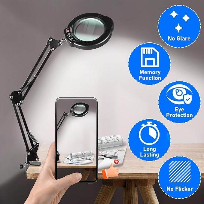 10X Magnifying Glass with Light and Stand, LED Desk Lamp with Base and Clamp, 5 Color Mode, 10 Dimmable Levels, Hands Free for Reading Crafts Jewelry Sewing Close Work