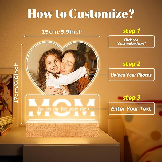 Personalized Mothers Day Gifts for Mom from Daughter and Son, Custom Picture Frames with Photo, Personalized Photo Frame with Night Light, Customized Mom Birthday Gifts