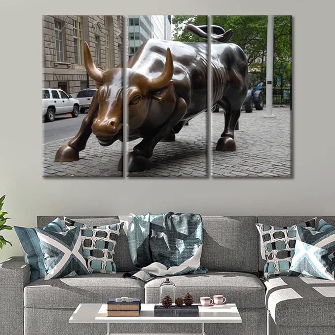 TUMOVO 3 Panel Inspirational Wall Art, A Bull Full of Courage and Strength Print On Canvas for Office Family School Wall Decor Gallery-Wrapped Stretched and Framed Ready to Hang - 36" Wx24 H