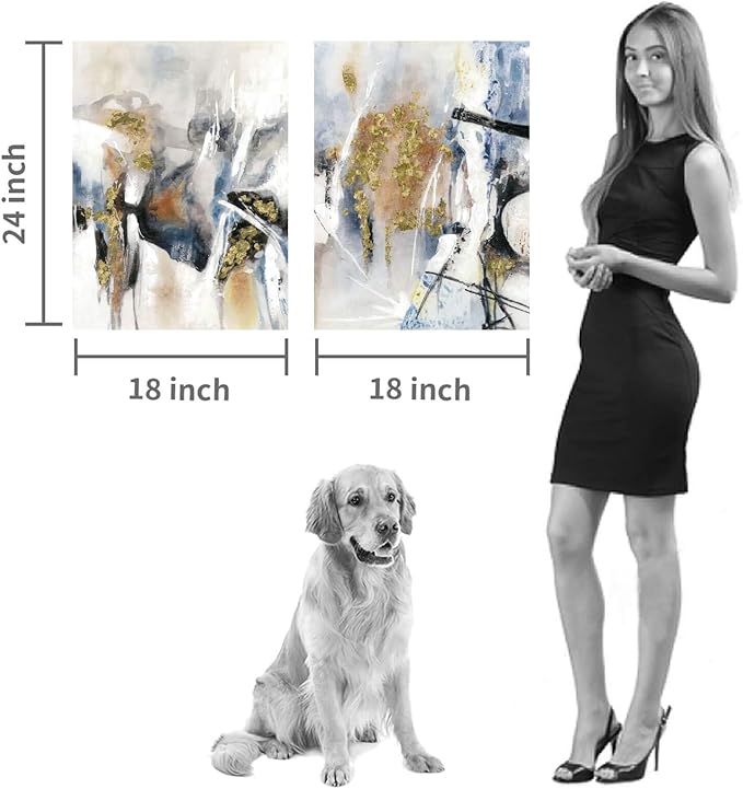 Hardy Gallery Abstract Canvas Wall Art Picture: Splash Gold Foils Artwork Painting Print on Canvas for Living Room (18'' x 24'' x 2 Panels)