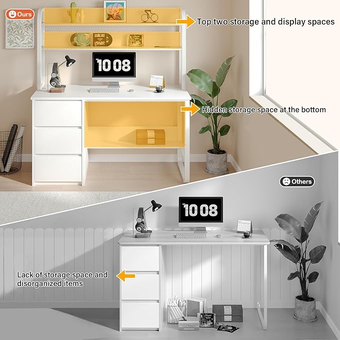 White Desk with Hutch, 47 Inch Computer Desk with 3 Drawers for Bedroom, Study Writing Desk with Shelves for Small Spaces, Adjustable Feet