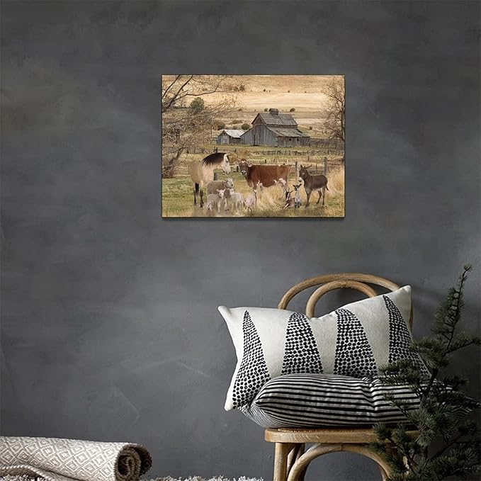 yerretin Farm Animal Wall Art Country Old Barn Pictures Wall Decor Rustic Canvas Print Farmhouse Landscape Painting Modern Home Artwork for Living Room Bedroom Bathroom Office Framed, 16"x12"