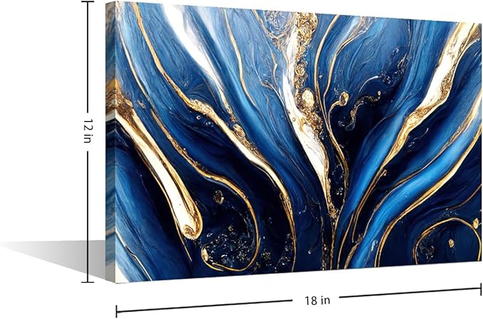 Canvas Wall Decor Modern Abstract Marble Art Picture Printing Blue Gold and White Colors Poster 1 Panel Canvas Wall Artwork for Boy Bedroom Wall Decor Stretched and Framed Ready to Hang 18x12 in