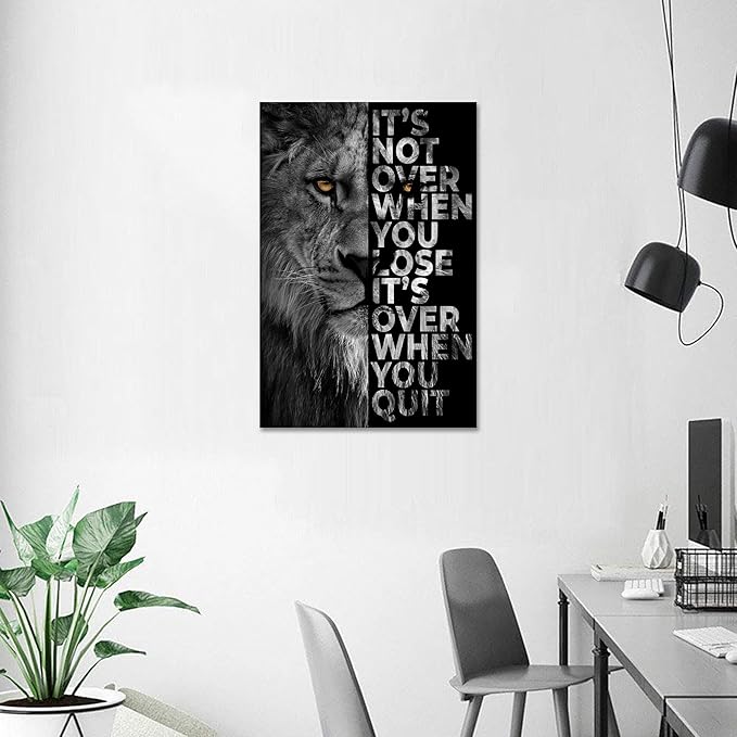 Lion Head Prints Canvas Inspirational Wall Art Black and White Animals Poster Motivational Quote Picture for Office Decor Framed Ready to Hang 24x36inches