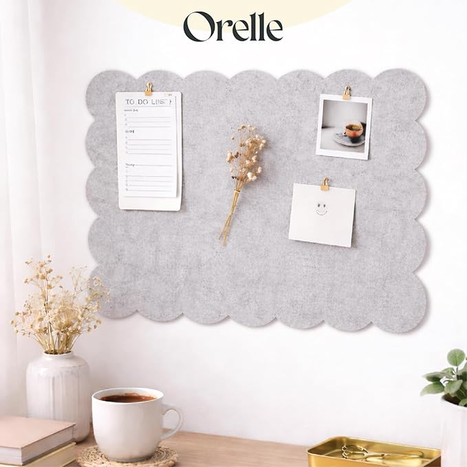 Orelle Scalloped Felt Bulletin Board | 35 x 23” | Foldable Peel and Stick Felt Board for Wall | Alternative Cork Board for Office, Message Board, Kids Art Display | Heather Gray