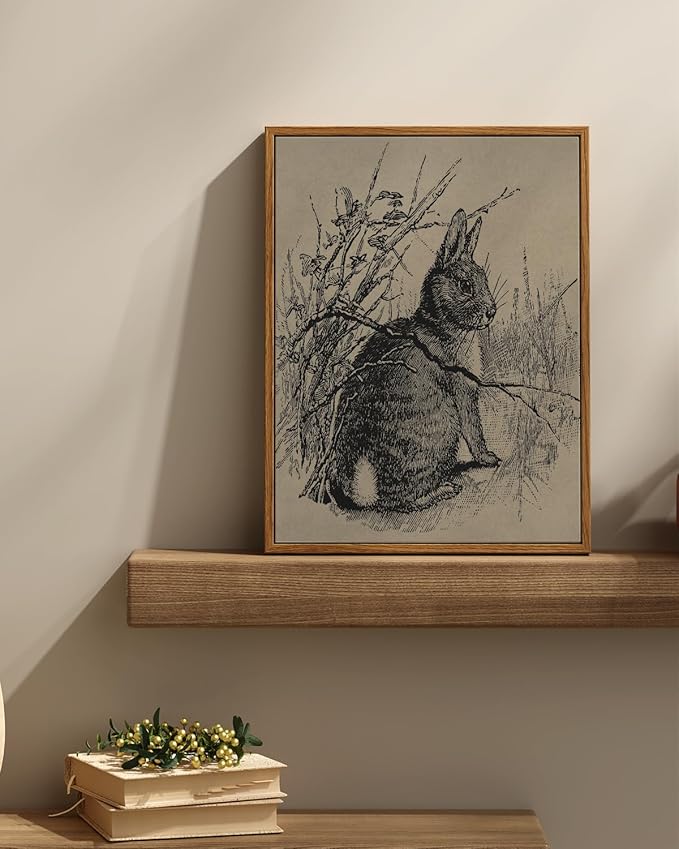 InSimSea Framed Canvas Prints Art, Easter Bunny Decor, French Country Farmhouse Decoration for Bedroom Living Room, Vintage Rabbit Pictures Cottage Decor, 12x16inch