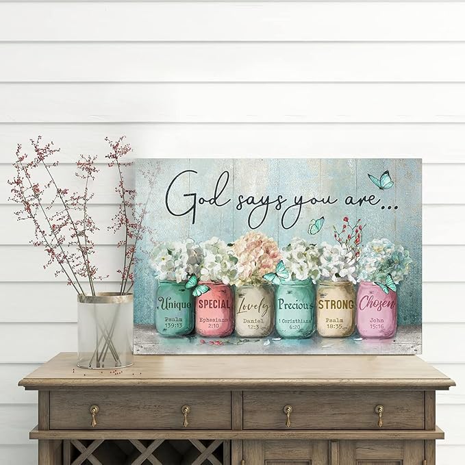 Parylore Inspirational Canvas Wall Art Encouraging Bible Verses On Cute Marson Jars and Butterflies God Says You Are Teal Background Artwork for Living Room Bedroom Bathroom Office Home Decor 16x24 In