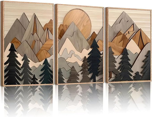 Set of 3 Mountain Wall Art Large Forest canvas Wall Decor pictures Woodcut Wooden Landscape poster Prints Abstract Landscape Nature Painting for Living Room Bedroom Office Unframed 16x24in