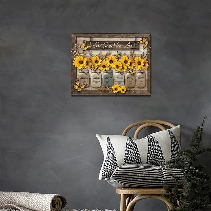 Christian Sunflower Wall Art Rustic Butterfly Bible Verse Pictures Wall Decor Country God Says You Are Canvas Painting Modern Home Artwork Decoration for Bathroom Living Room Bedroom Office Framed