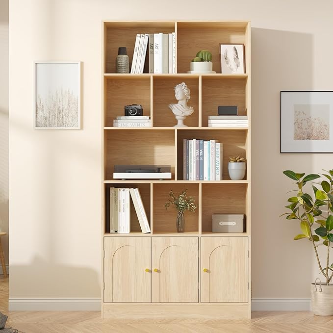 71" Tall Bookshelf with 10 Cubes and 3 Doors, 4-Tier Bookshelf, Open Shelf Bookcase with Cabinet, Modern Cube Storage Organizer for Living Room, and Office, Natural Wood Color