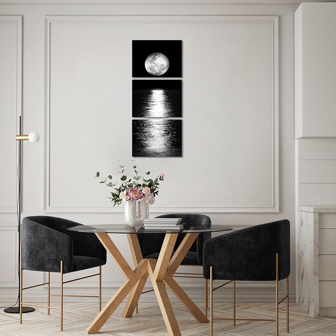 Artmyharbor Full Moon Phase Canvas Wall Art Vertical Black and White Picture Moon on Sea Print Modern Bedroom Decorations Cool Apartment Decor for Men