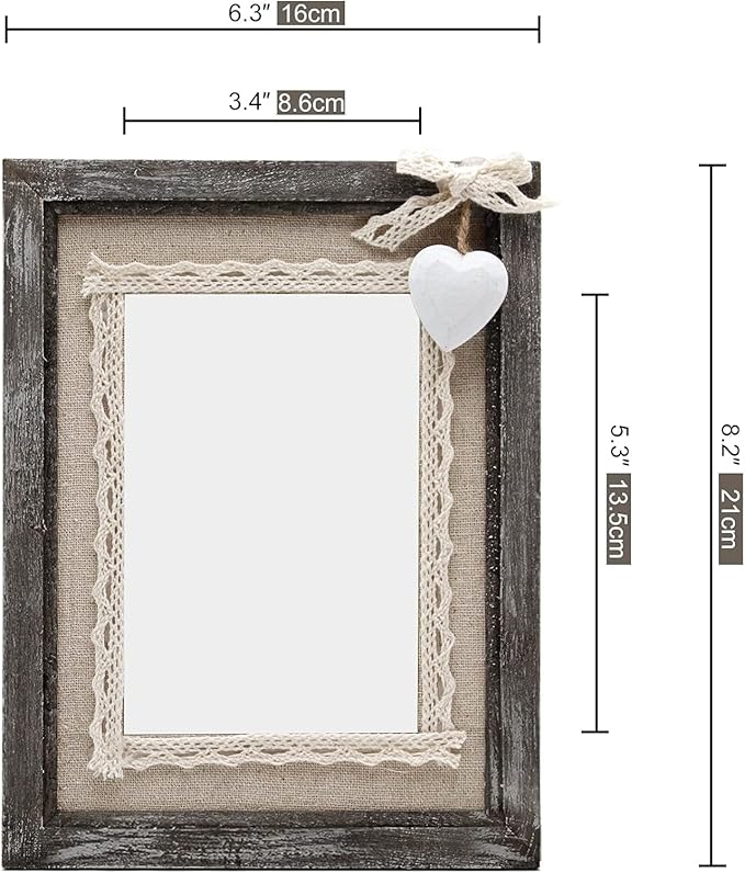 Afuly 4x6 Rustic Picture Frame White Heart Picture Frame Cute Burlap Distressed Wood Photo Frames Farmhouse Decor for Wall or Tabletop Display, Birthday Gifts for Mom Grandma