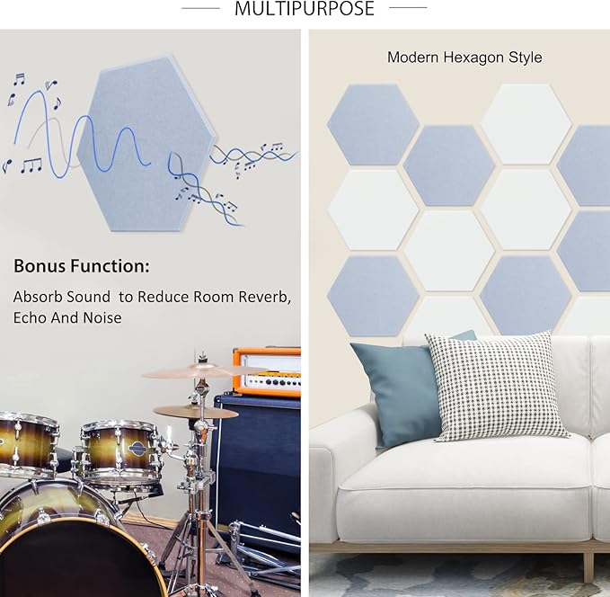 BXI Hexagon Felt Bulletin Board - 14.2 X 12.3 X 3/8 Inches 6 Pcs Self-Adhesive Poster Cork Board with 30 Push Pins, Thick Pin Tiles Display Vision Board, Photo Picture Panels for Home Office Classroom