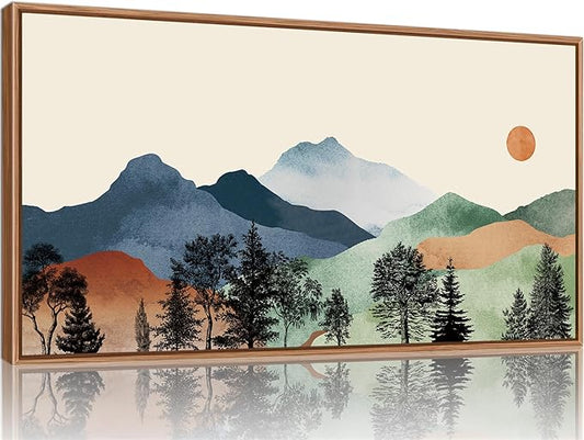 SIGNINART Boho Mountain Framed Canvas Wall Art, Watercolor Nature Landscape Art Prints, Modern Sunrise Art Paintings, Green Forest Wall Decor for Living Room, Bedroom, Office 20"x40"