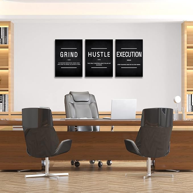BWSPACE Grind Hustle Execution Wall Art Motivational Wall Decor Office Wall Decor Pictures Posters 3 Pieces Framed Canvas Wall Prints Artwork Home Gym Ready to Hang (48" W x 24" H, GRIND)