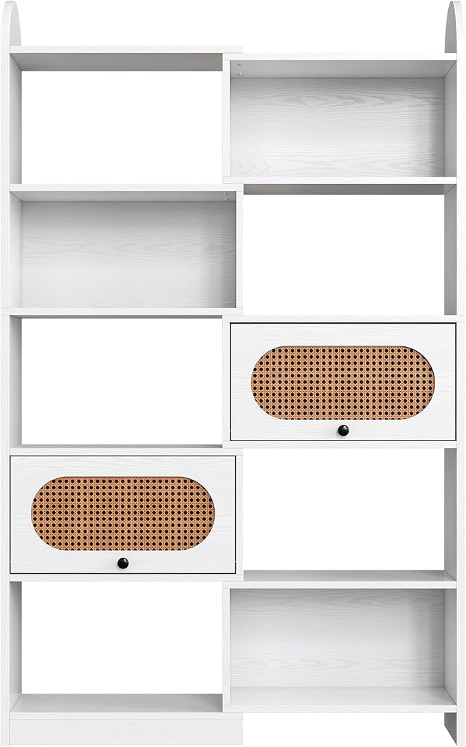 IRONCK 6 Tier Bookshelf, Bookcase with 2 Rattan Flip-Top Cabinets, 8-Cube Storage Organizer Shelf for Living Room, 43.3" White