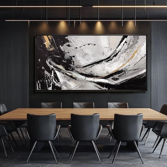 Home Decor Black and White Abstract Painting for Office Bedroom Decorations Framed Canvas Wall Prints Gold Pictures Wall Art for Home 29"x 58"