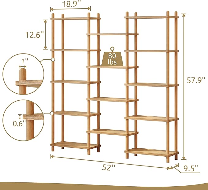 IOTXY Wooden Triple Wide Bookshelf - 5-Tier Large Shelf Bookcase with Solid Beech Frame, Tall Freestanding Open Etagere Display Rack for Home Office, Oak