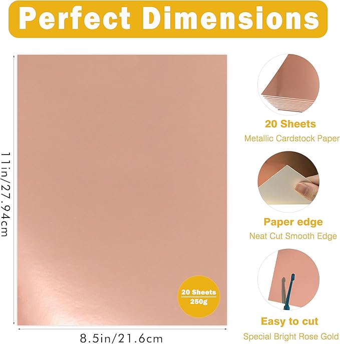 Rose Gold Cardstock Paper 8.5x11 Inch, 20 Sheets Premium 92lb/250GSM Shimmer Metallic Foil for Wedding Invitations, Card Making, Certificates, Scrapbooking, Art Projects
