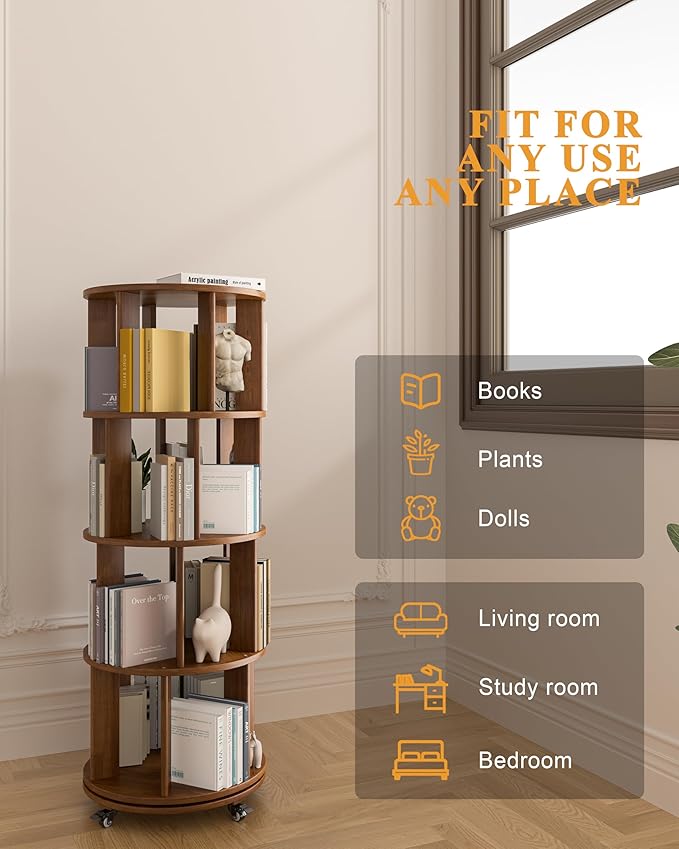 Rotating Bookshelf, 4 Tier Solid Wood Bookshelf Tower with Lockable Wheels, 360° Spinning Revolving Bookcase for Small Spaces, Corners, Bedroom, Kids Room, Home Office, Walnut