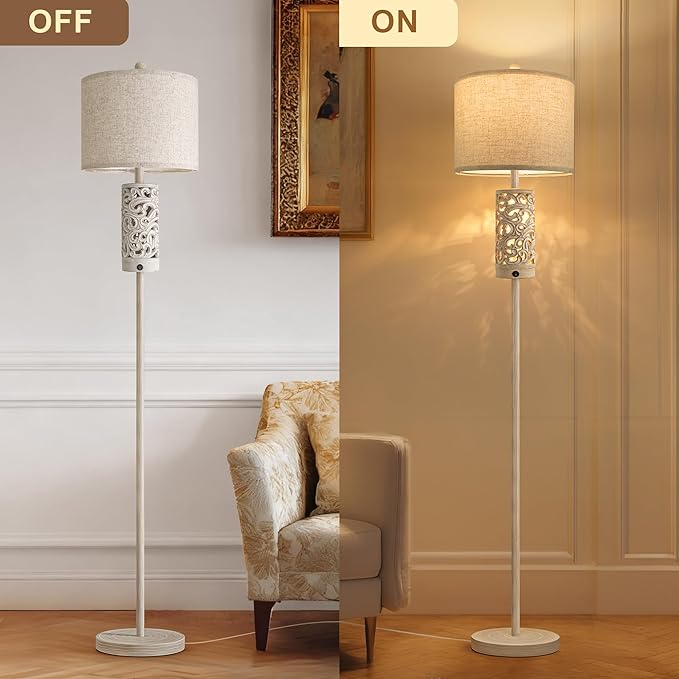 OYEARS 65" Floor Lamp with Night Light,Farmhouse Floor Lamps for Bedroom,Tall Floor Lamp for Living Room,Rustic Floor Lamps,Vintage Standing Lamp with Linen Shade,Boho Reading Lamp for Home Decor