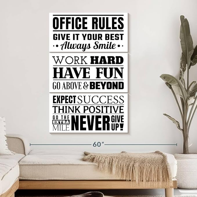 Elephant Stock - Fun Office Rules Wall Art - Vertical Multi Panel Canvas - 3 Piece Living Room Wall Decor - Digital Art Inspirational And Typography Multi Piece Wall Art - White And Black Decor - 32" x 50"