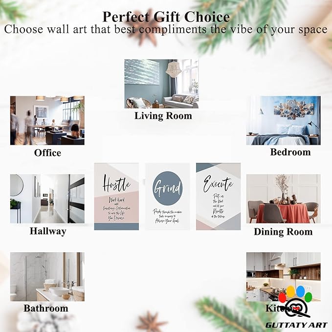 Office Wall Art - 3 Panel Motivational Wall Art, Inspirational Quotes Canvas Art for Home Office Wall Decor, Positive Quotes Wall Decor, Entrepreneur Grind Hustle Execution Poster Frame (24”x36”x3Pcs)