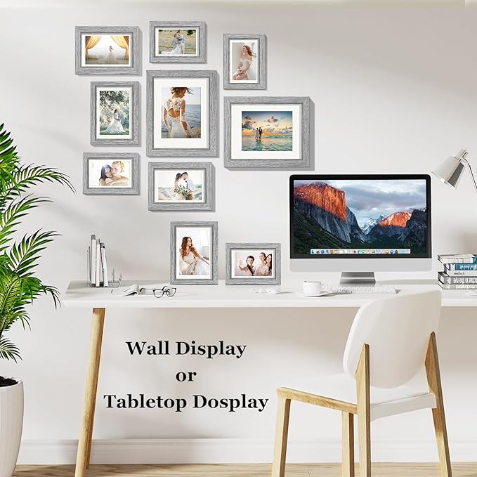 Picture Frames, Made of Real Glass and Wooden Frame, Gallery Photo Frames Set of 10 for Collage Wall Decor, Multi Sizes Including 8x10, 5x7, 4x6 for Mounting or Tabletop Display, Gray
