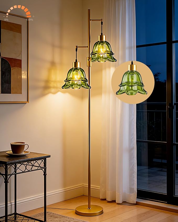 Lightdot 65IN Gold Flower Floor Lamp for Living Room, 2- Light Dimmable Floor Lamps with Green Glass Lampshade, 3000K Warm White Modern Standing Tall Lamp for Bedroom Sofa Beside Corner Decor