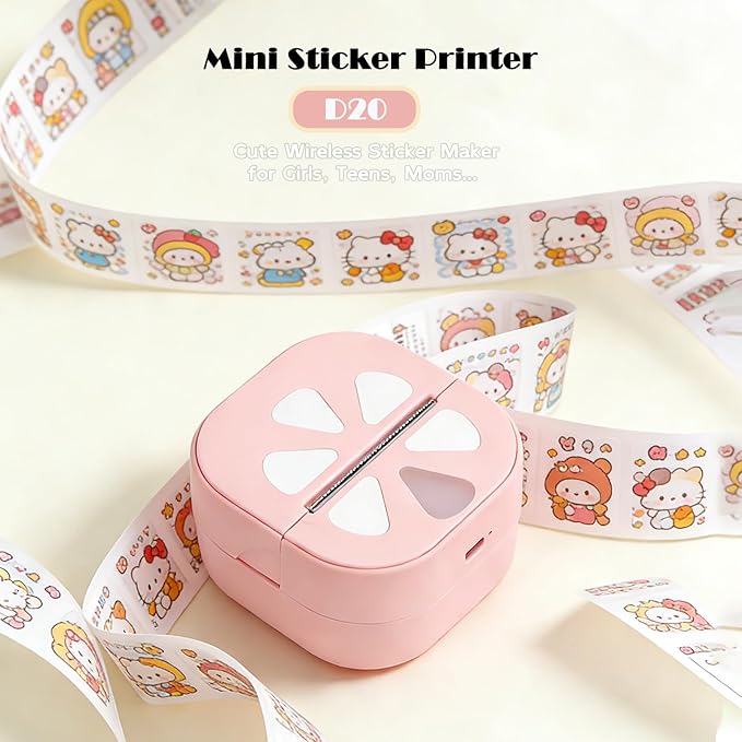 ciciglow D20 Pink Mini Sticker Printer, Label Maker Machine with 3 Rolls Colored Thermal Paper (Battery Included), Portable Inkless Sticker Maker, APP, for DIY Crafts, Journaling, Office Home Use