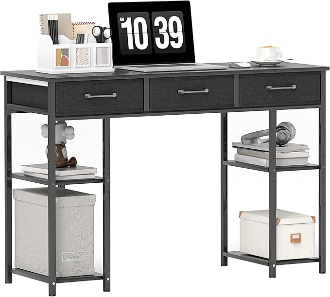 HOMCOM 47" Computer Desk with 3 Fabric Drawers, Home Office Desk with Adjustable Shelves, Small Writing Desk with Storage, Black