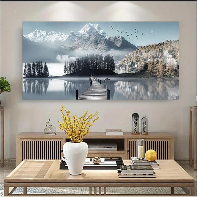 Bamdeya Large Canvas Wall Art Lake Pictures Mountain Wall Decor Nature Landscape Print Scenery Painting Tree Poster Office Artwork for Bedroom Wall Decor Living Room Home Decoration