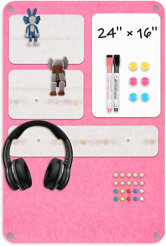 DOLLAR BOSS 3-in-1 Foldable Bulletin Board 16"x24" Vertical- Magnetic Whiteboard with Cork & Acrylic Shelves, Sound-Absorbing Felt for Home/Office/Dorm Includes Pins/Magnets (Pink)