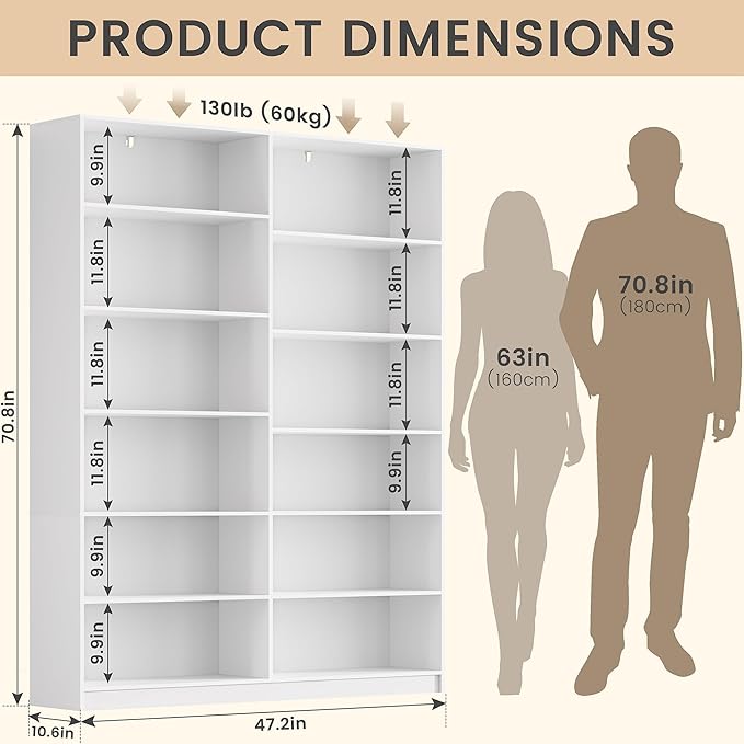 6 Tier Large Bookshelves, 70.8 Inch Tall Bookshelf and Bookcases for Living Room, Study Room, Home Office Library，White Bookcase with 12 Open Shelves.