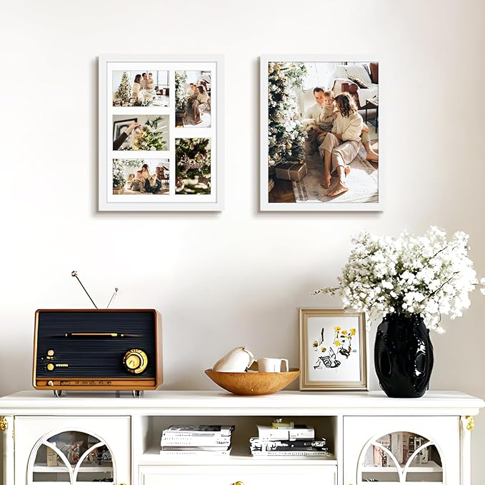 Golden State Art, 11x14 White Wood Frame with White Mat - Displays Five 4x6 Photos - Real Glass, Sawtooth Hangers, Swivel Tabs - Wall Mounting, Landscape, Portrait