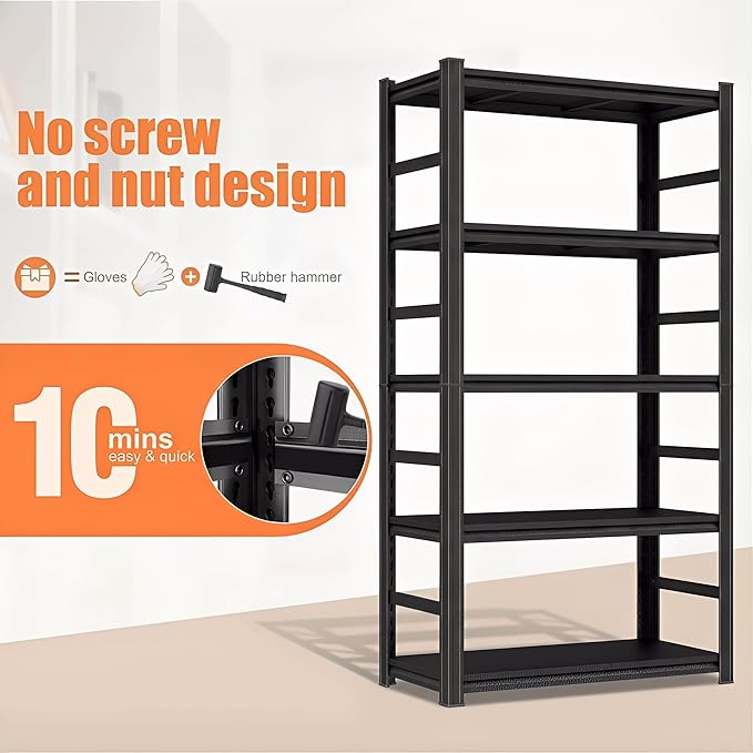 Heavy Duty Metal Bookshelf, 71"H 5 Shelf Tall Bookcase, 1500LBS Industrial Deep Bookshelf, 5 Tier Adjustable Wide Book Shelves, Bolt-Free Office Shelves for Living Room, Bedroom, 36"W x16"D, Black