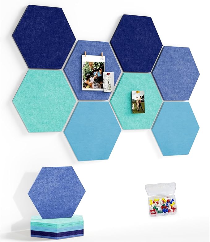 8 Pack Hexagon Felt Bulletin Board Tiles - 11.8" Large Thick Pin Board for Walls with 30 Push Pins, DIY Boards for Office Home School Decor, Aesthetic Hex Cork Board Alternative
