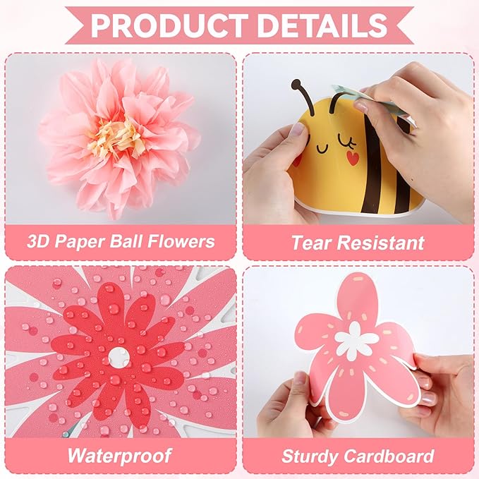 Justforjoyful Spring Bulletin Board Decorations Flower Bulletin Board Set with 3D Tissue Paper Pompoms Bees Cutouts Plant Kindness Floral Decor for School Classroom Home Nursery Chalkboard Wall