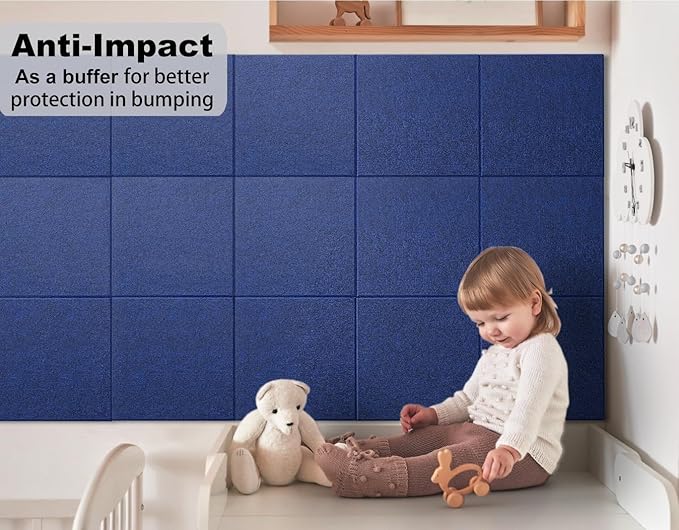 Felt Wall Tiles Bulletin Board Large Cork Board Alternative 6 Pack 11.81”x11.81”x0.47” Felt Pin Board Tack Board with Safe Removable Adhesive Tabs for Home Office School 36x24 (Dark Blue)