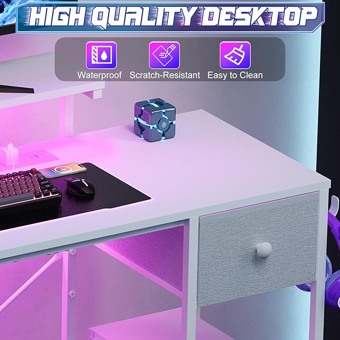 X-cosrack 33.5" Small Gaming Desk with LED Lights & Power Outlets, Compact Computer Desk with Monitor Stand & CPU Stand, Gamer Table with Storage Drawer, Side Hooks for Home Office, Bedroom, White