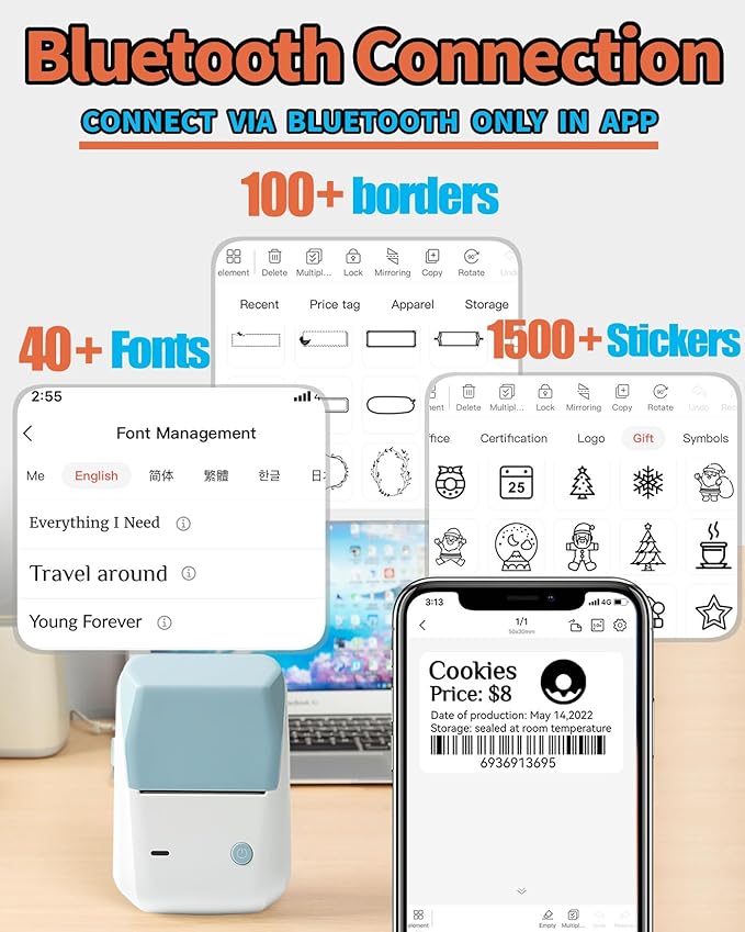 LMASBLTER B1 Label Maker 2 Inch Bluetooth Thermal Label Printer for Barcode, Address, Labeling, Logo, Clothing, Jewelry, Retail, Mailing, Support with Phones&PC, Easy to Use for Office & Home-Blue