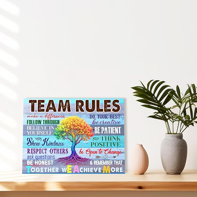 Team Rules Wall Decor,Positive Teamwork Quote Wall Art Canvas Framed for Home Office Wall Decor 12 x 15 in