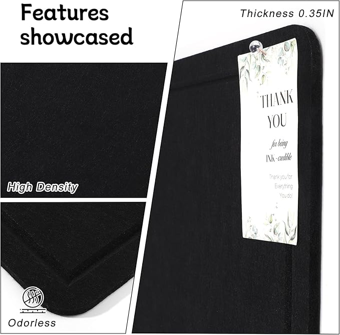 Bulletin Board, 24" x 18" Foldable Cork Board Felt Pin Boards with 35 Pushpins Self-Adhesive Photo Decorative Felt Boards for Walls, Office, School, Classroom, Home, Bedroom - Black