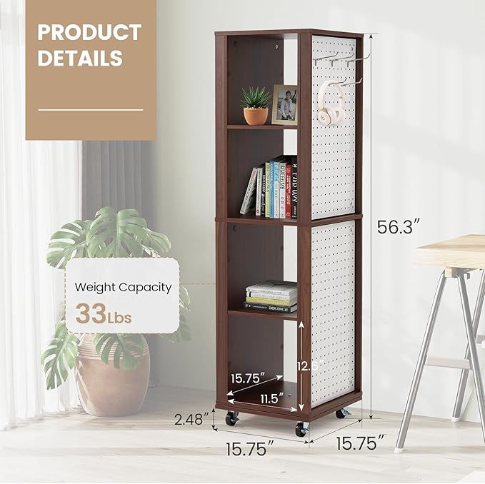 JOMEED Rotating Bookshelf Tower with Wheels, 4-Tier Corner Bookshelf with Pegboard, 360° Spinning Book Shelf Tower with Magazine Rack, Tall Bookcase, Narrow Bookcase