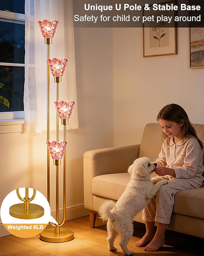 Lightdot Glass Floor Lamp Dimmable 4-Lights Gold with Deep Red Glass Shade 3000K Bulbs Included Mid Century Modern Standing Tall Lamp for Living Room/Bedroom/Sofa Beside/Corner Decor