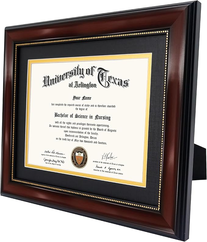 GraduationMall 6x8 Diploma Frame with Black over Gold Mat or Display 8x10 Document without Mat, Tempered Glass, Mahogany with Gold Beads